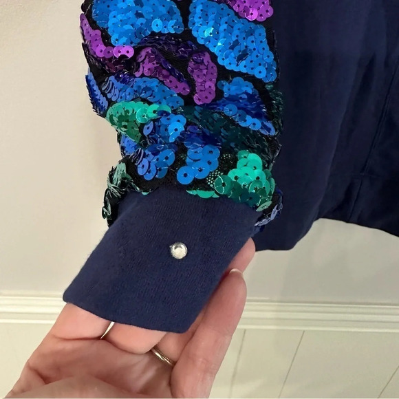 Terez Women Rhinestone Sequin Sleeves Button Up V-Neck Cardigans Navy Sz S NWOT - Picture 6 of 11